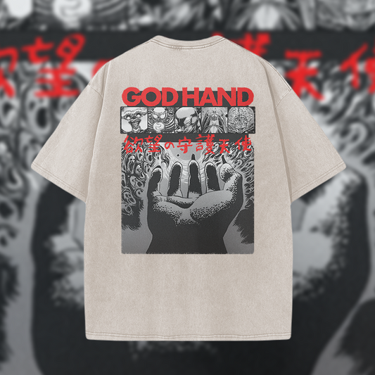 Berserk God Hand - Vintage Mineral Wash Graphic Tee - 230gsm, Back Print