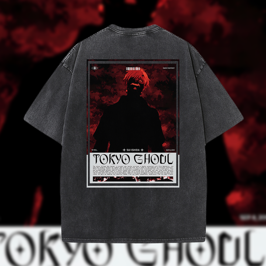 Tokyo Ghoul Kaneki - Vintage Mineral Wash Graphic Tee - 230gsm, Back Print