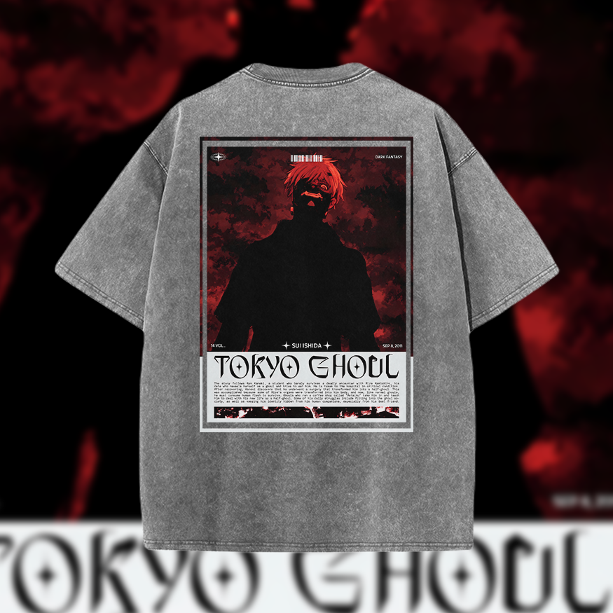 Tokyo Ghoul Kaneki - Vintage Mineral Wash Graphic Tee - 230gsm, Back Print